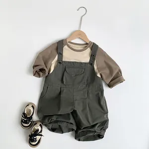Kids' retro long-sleeve T-shirt and dark green overalls set in casual Korean style