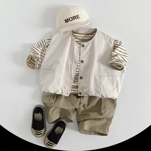 Toddler minimalist casual outfit with beige vest striped tee khaki shorts and shoes