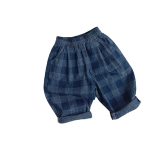 Pantalon à carreaux pour enfants en coton et lin avec taille élastique et revers