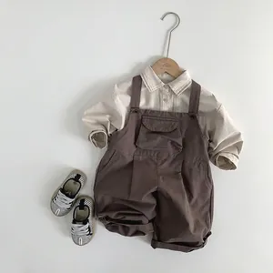 Kids vintage contrast color striped shirt and dark brown overalls outfit set