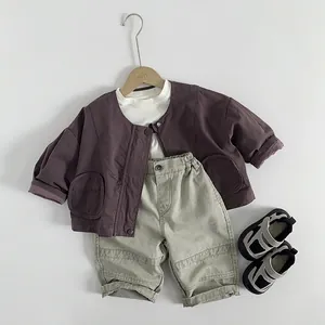 Kids Korean style outfit set with purple jacket, white T-shirt and beige cotton pants