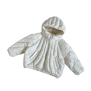 Kids lightweight cream hooded down jacket with unique radial quilting and zip pockets