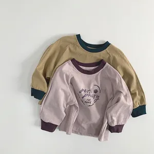 T-Shirt Enfant à Manches Longues en Coton Col Rond Contrasté Imprimé Lettres Style Coréen Décontracté Haut pour Garçons Filles