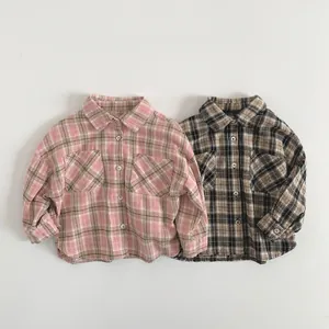 Kids Plaid Cotton Long Sleeve Shirt Korean Style Lapel Button Down Casual Tops For Boys And Girls Autumn Winter Clothes