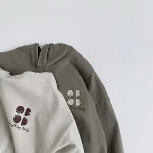 Kids long sleeve cotton hoodies in grey and olive with lucky print for casual spring wear