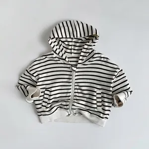 Veste à Capuche Rayée pour Enfants Unisexe en Coton Décontracté Sweatshirt à Fermeture Éclair Printemps Manches Longues pour Garçons Filles