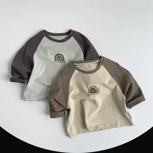 Kids Cotton Cartoon Rainbow Letter Print T-Shirt Contrast Raglan Sleeves Long Sleeve Casual Round Neck Top For Boys Girls