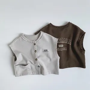Gilet en Tricot de Coton Style Coréen pour Garçons Filles Unisexe Décontracté Cardigan Sans Manches Boutonné avec Bord Franc et Imprimé Lettres pour Printemps Automne