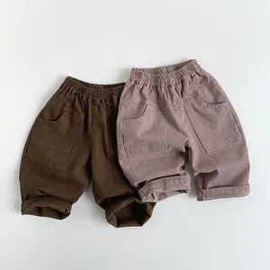 Kids Cotton Casual Cargo Pants Loose Elastic Waist Trousers For Boys Girls Korean Style Solid Color Soft Breathable Bottoms