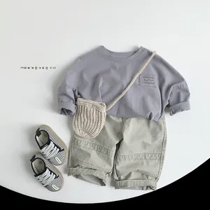 Toddler casual outfit featuring purple long sleeve tee and khaki green shorts set