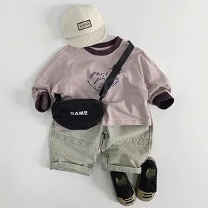 Kids lavender long sleeve sweatshirt and olive cargo shorts set with art print