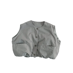 Kids sage green sleeveless vest with round neck and dark buttons for spring style