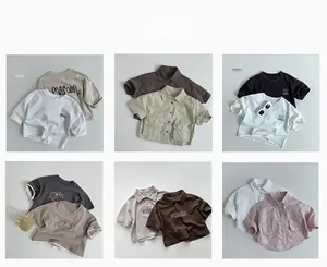 Collage of boys minimalist cotton T-shirts and cargo shirts in neutral earth tones