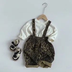 Kids leopard print overalls set with a long-sleeved white T-shirt in Korean style