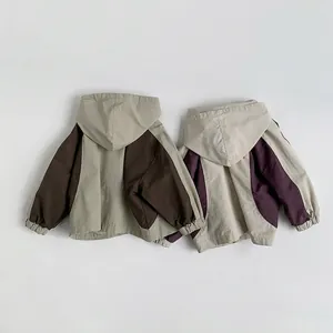 Kids color-block windbreaker jacket with hooded design and vintage contrast panels