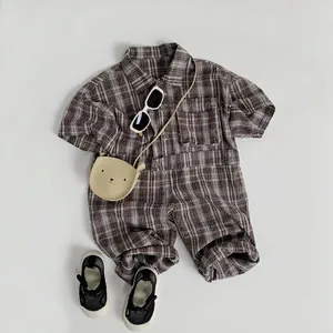 Toddler Kids Plaid Romper Cotton Short Sleeve Jumpsuit Korean Style Summer One Piece Outfit For Boys Girls
