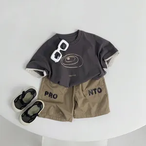 Boys summer casual outfit set with dark grey T-shirt and khaki cargo shorts