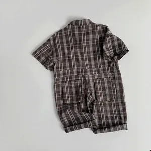 Retro brown and white checkered short sleeve cotton jumpsuit for infants and toddlers