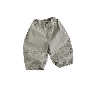 Kids vintage loose cotton pants with elastic waist and stitch details in olive grey