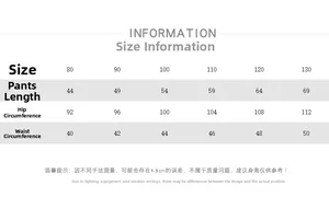 Size guide for children's cotton pants showing length, hip, and waist measurements