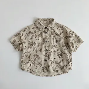 Retro Plant Leaf Printed Short Sleeve Shirt For Kids Cotton Turn Down Collar Casual Summer Top For Boys Girls