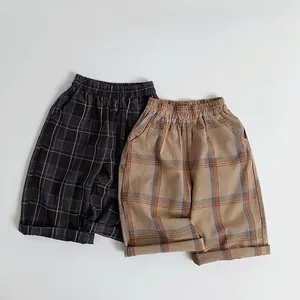 Kids Korean Style Plaid Harem Pants Soft Cotton Casual Checked Trousers Elastic Waist Breathable Spring Summer Bottoms