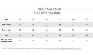 Detailed size chart for children short sleeve shirts showing lengths and bust from 80 to 130