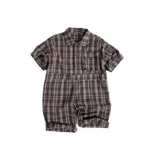 Classic checkered short sleeve baby romper with lapel collar and front buttons