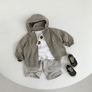 Kids lightweight three-piece casual set with hooded jacket, white t-shirt and shorts