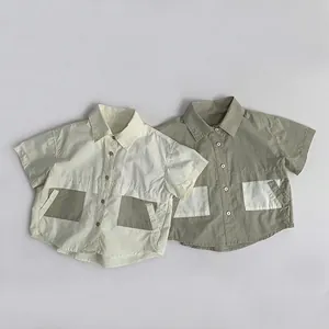 Japanese style short sleeve cotton shirts for boys with contrast pockets in green and cream