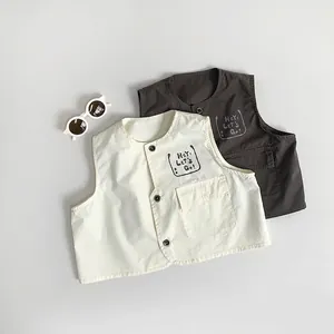 Kinder Baumwolle Weste Ärmellose Jacke Einreihig Cargo Stil Waistcoat Hey Let's Go Print Für Jungen Mädchen Sommer Mode