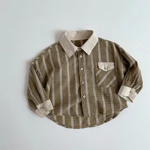 Kids Toddler Cotton Plaid Shirt Contrast Collar Long Sleeve Button Down Korean Style Casual Top For Boys Girls Autumn
