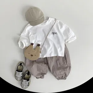 Kids lightweight cargo pants with white t-shirt and bear bag casual summer outfit set