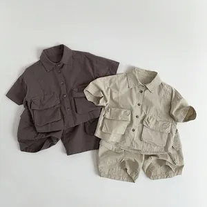 Kids cotton utility shirt set in coffee and beige colors featuring large chest pockets