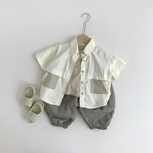 Japanese style boys summer beige short sleeve shirt set with cargo pockets and khaki pants