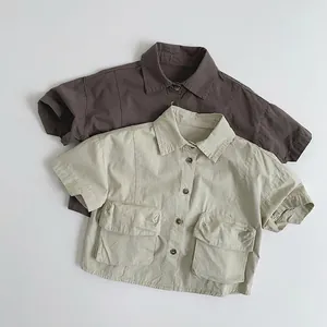 Children Short Sleeve Workwear Shirt Cotton Lapel Top With Dual Pockets Korean Style Summer Casual Shirt For Boys Girls