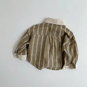 Kids plaid cotton long sleeve shirt with khaki grid pattern and white contrast collar