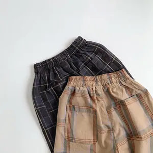 Toddler plaid cotton pants in dark grey and khaki with elastic waist and back pockets
