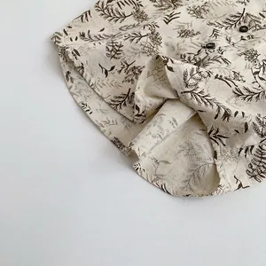 Kids casual botanical print short sleeve shirt in cream with vintage leaf patterns