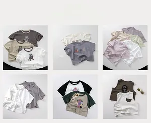 Variety of kids' cotton summer shirts and vests in neutral tones and cute patterns