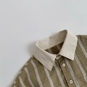 Kids vintage plaid shirt with contrast collar and neutral earth-toned cotton fabric