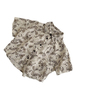 Kids vintage beige short sleeve shirt with dark brown leaf print in cotton linen fabric