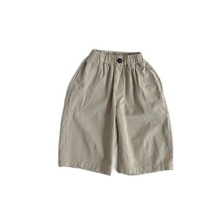Kids breathable cotton casual khaki trousers with elastic waistband and pockets