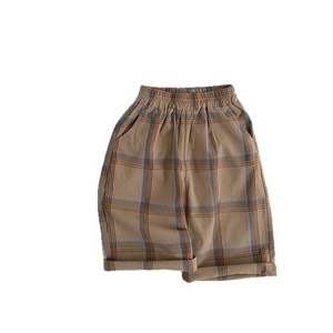 Kids khaki plaid shorts with elastic waist and cuffed hems for boys and girls