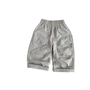 Kids light grey casual cotton cargo pants with elastic waist and large flap pockets