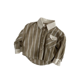 Kids long sleeve brown striped shirt with cream contrast collar and pocket detail