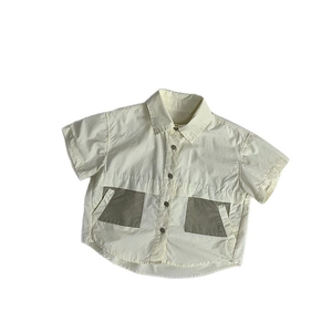 Japanese style boys short sleeve yellow cotton shirt with grey contrast pockets