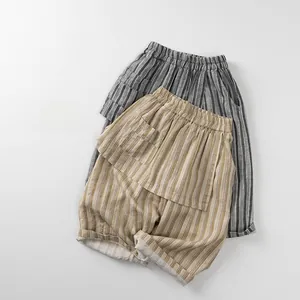 Detailed close-up of breathable vertical striped cotton linen kids shorts with side pocket