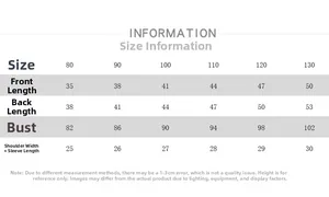 Size chart table for children floral print shirts with detailed shirt length and chest measurements