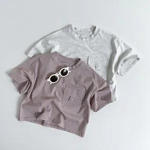 T-Shirt à Manches Courtes en Coton pour Bébé Style Coréen Avec Poche Utilitaire Couleur Unie Col Rond Haut Été Unisexe